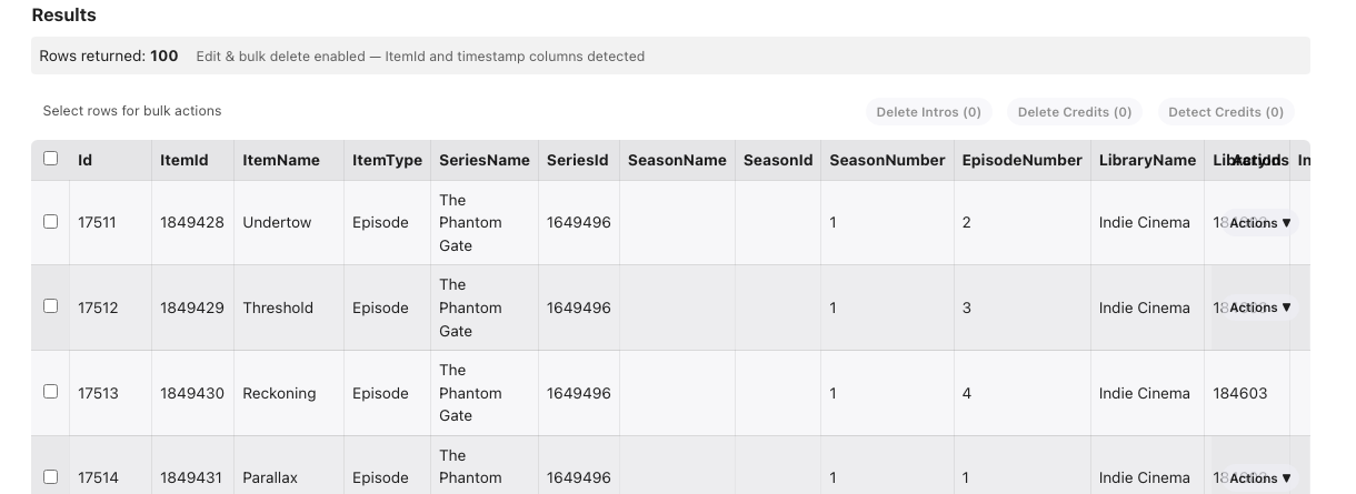 Query results table