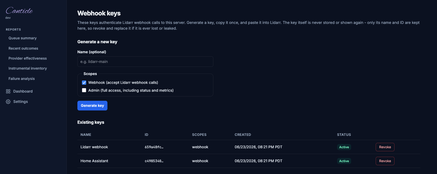The webhook keys page: a create form with name and scope checkboxes, and a table of existing keys showing truncated IDs, scopes, and a revoke action