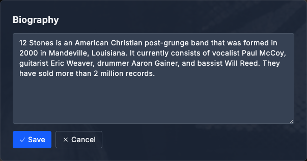 Biography card in inline edit mode: a textarea pre-filled with the current bio text, with Save (blue) and Cancel buttons below