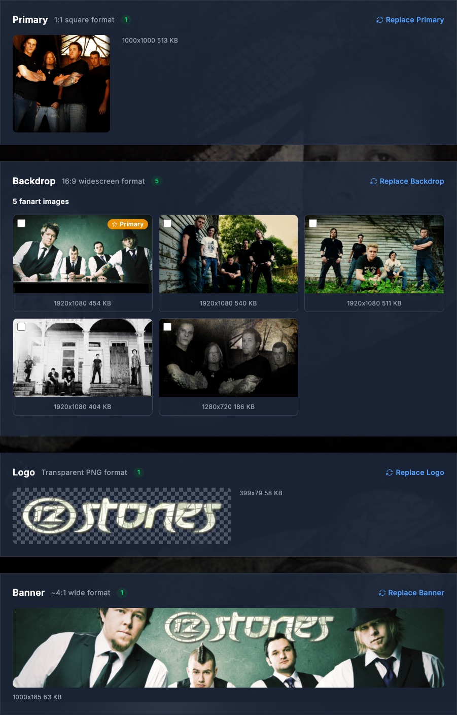 Artist detail Images tab showing all four image slots: Primary (1:1), Backdrop with five fanart variants (the first marked Primary), Logo (transparent PNG), and Banner (4:1)
