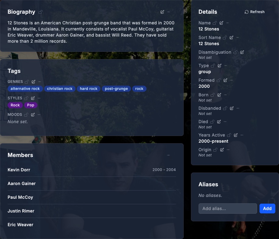Artist Overview panel: Biography card with a lock icon in the header, Tags card with per-group locks on Genres / Styles / Moods, Details panel listing Name / Sort Name / Disambiguation / Type / Formed / Born / Disbanded / Died / Years Active / Origin -- each row with its own lock and edit affordances