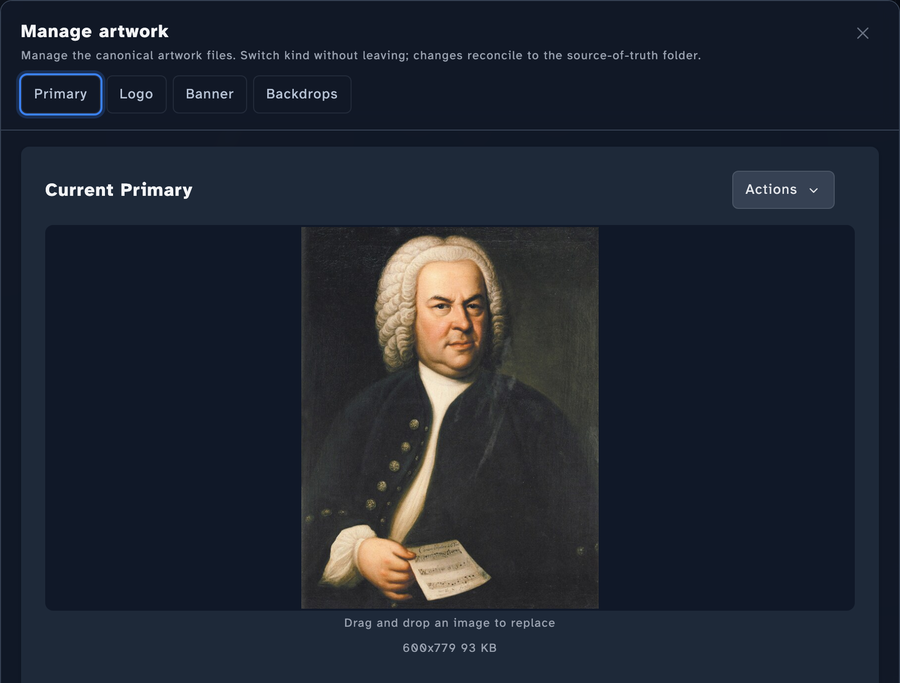 Manage artwork modal on the Primary tab: the Primary, Logo, Banner, and Backdrops tabs across the top, and a Current Primary panel showing the artist's square thumb with a drag-and-drop replace target