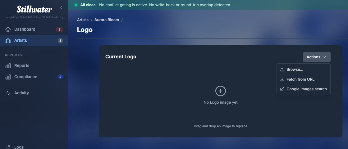 The artist artwork editor's Actions menu open on the Logo slot, showing the "Google Images search" entry alongside Browse and Fetch from URL