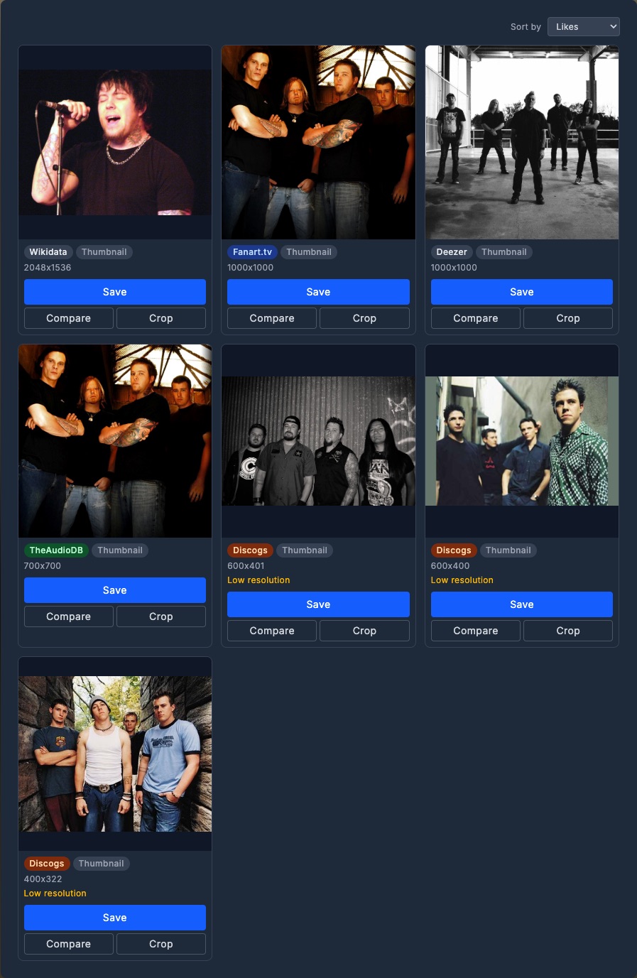 Image search results for an artist's thumb: a grid of candidate images from Wikidata, Fanart.tv, Deezer, TheAudioDB, and Discogs. Each card shows the provider badge, image kind, dimensions, and Save / Compare / Crop actions. Smaller candidates are tagged "Low resolution"