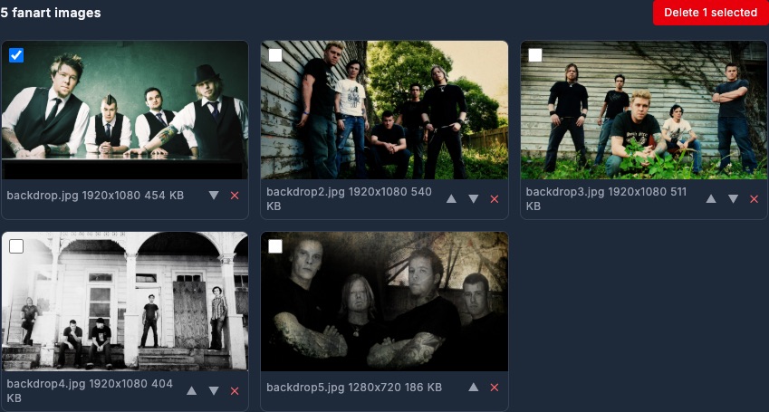 Fanart management gallery on the image search page: five fanart cards in a grid, each with a select checkbox, filename, dimensions, file size, up/down move buttons, and a red delete X. The first card is checked, surfacing a red "Delete 1 selected" button at the top right