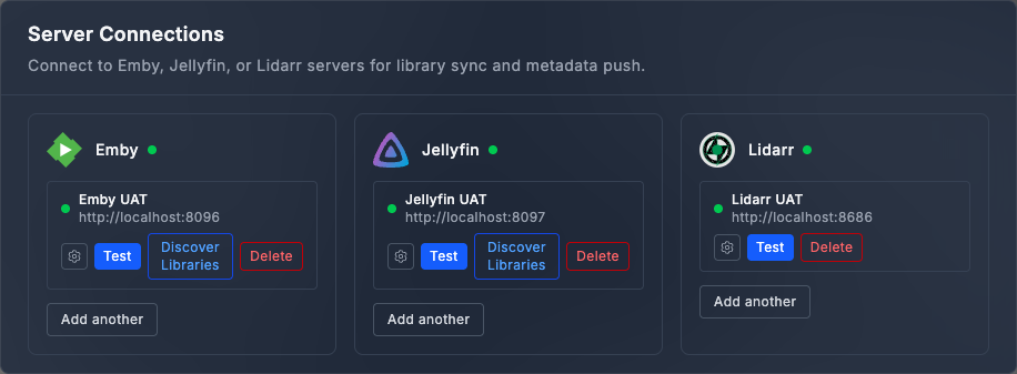 Settings > Connections: three service connection cards (Emby, Jellyfin, Lidarr) shown in the healthy steady state, each with a green dot, plus inline Test / Discover Libraries / Delete actions; the same dot turns amber for warnings or red for authentication / reachability failures described in the bullets above