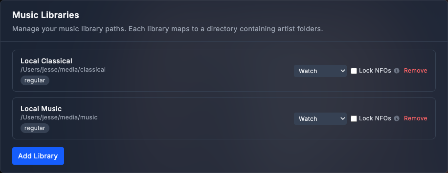 Two manual library rows showing the Filesystem monitoring mode dropdown, Lock NFOs checkbox, and Remove action; an Add Library button sits at the bottom